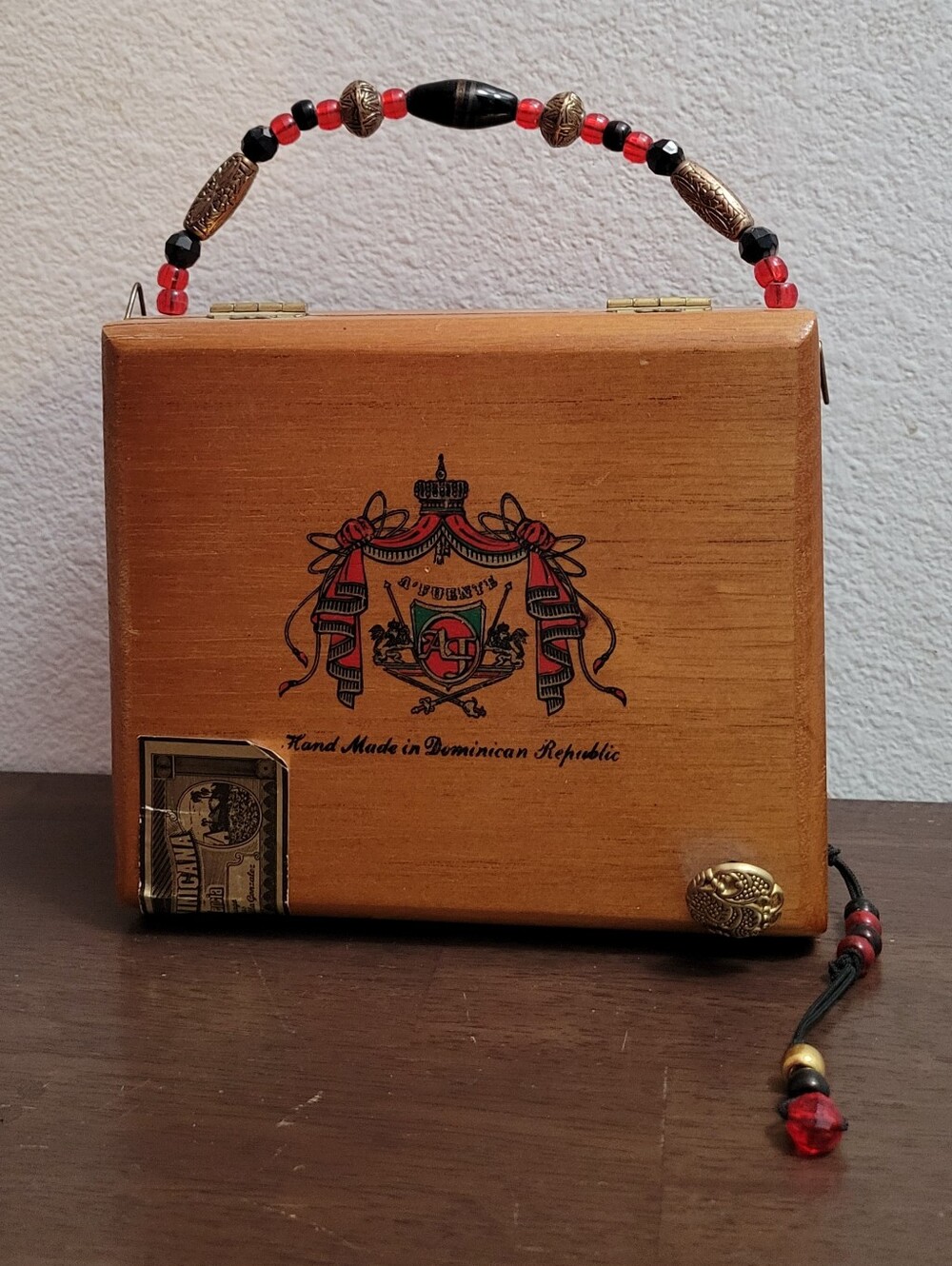 Wooden Cigar Box Made Into A Purse with Red and Black Beaded Handle